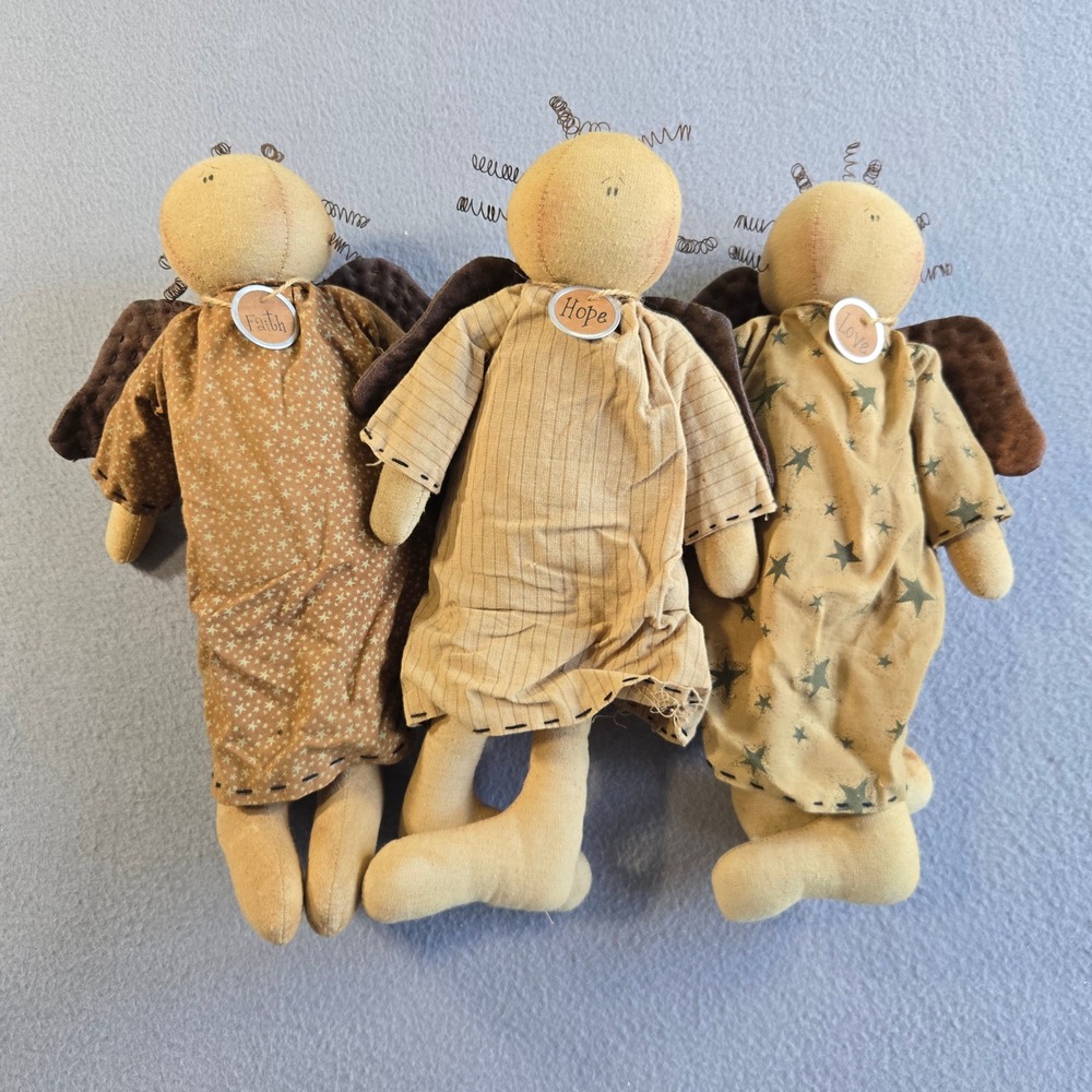 Honey and Me Angel Doll Set Unisex 12in Brown Faith Hope Love Primitive Folk Art